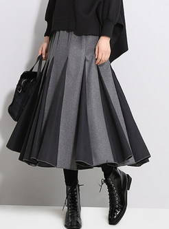 Color-blocked Elastic Waist Midi Big Hem Skirt
