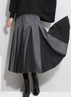 Color-blocked Elastic Waist Midi Big Hem Skirt