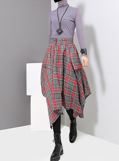 Stylish Elastic Waist Plaid Irregular Skirt With Belt