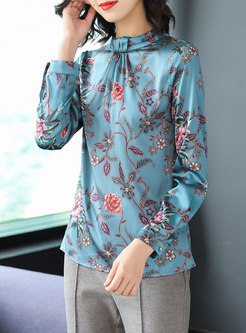 Chic Print Stand Collar Pullover Silk Blouse
