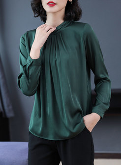 Elegant Solid Color O-neck Silk Blouse