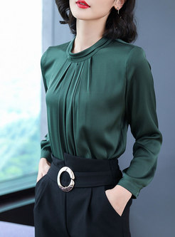 Elegant Solid Color O-neck Silk Blouse