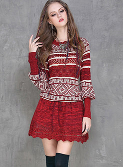 Fashion Hollow Out Long Sleeve Knitted Striped Dress