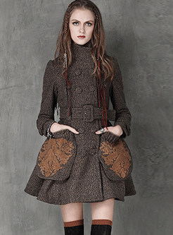 Stylish Stand Collar Double-breasted Woolen Skater Dress