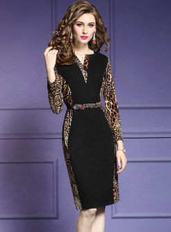 Trendy Leopard Splicing V-neck Knee-length Sheath Dress