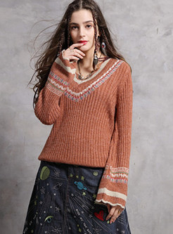 Casual V-neck Flare Sleeve Embroidered Pullover Sweater