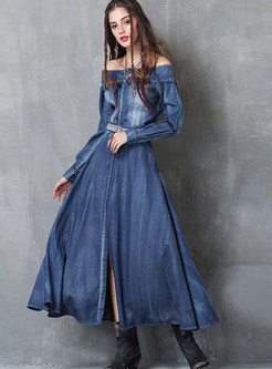 Off-the-shoulder Embroidered Split Denim Long Dress