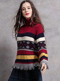 High Neck Color-blocked Striped Tassel Pullover Sweater