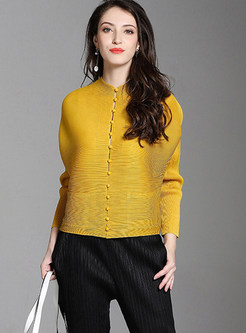 O-neck Long Sleeve Single-breasted Pleated Top
