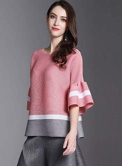 Color-blocked O-neck Flare Sleeve Loose T-Shirt