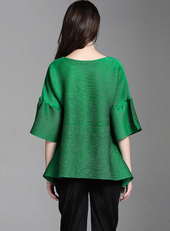Solid Color O-neck Flare Sleeve Pullover T-shirt