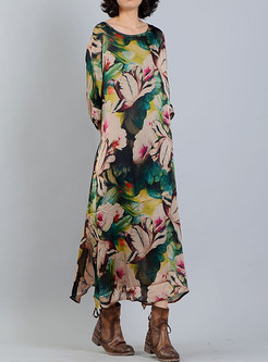 Stylish Print O-neck Bat Sleeve Slit Asymmetric Maxi Dress