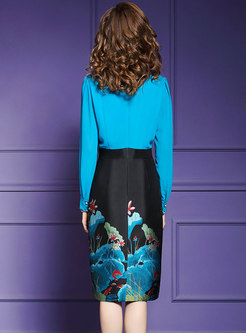 Stylish Color-blocked Print High Waist Bodycon Dress