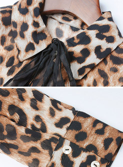 Stylish Leopard Lapel Bowknot Slim Blouse