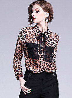 Stylish Leopard Lapel Bowknot Slim Blouse