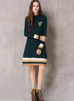 Fashion Ruffled Neck Color-blocked Knitted Dress