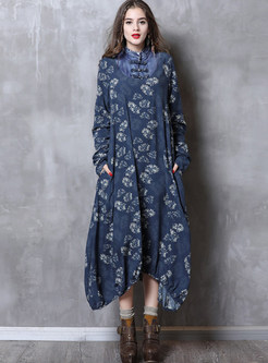 Retro Mandarin Collar Long Sleeve Print Plus Size Maxi Dress