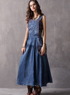 Embroidered Denim Plus Size Straped Maxi Dress