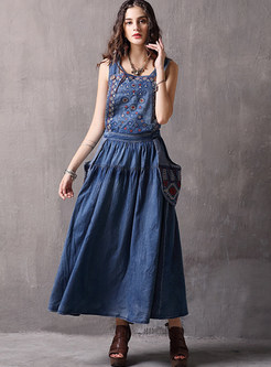 Embroidered Denim Plus Size Straped Maxi Dress