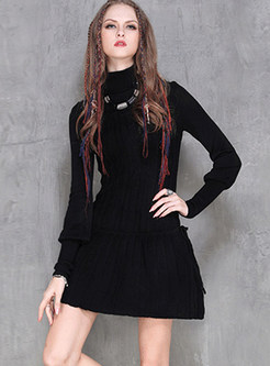 High Neck Long Sleeve Solid Color Knitted Mini Dress