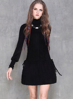 High Neck Long Sleeve Solid Color Knitted Mini Dress