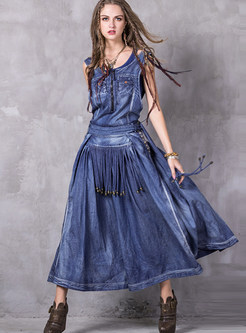 Trendy Square Neck Tassel Waist Embroidered Straped Dress