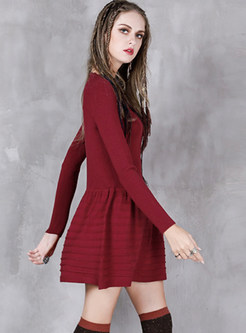 Solid Color O-neck Long Sleeve Knitted Skater Dress