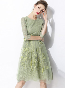 Chic Splicing Embroidered O-neck Asymmetric Lace Dress
