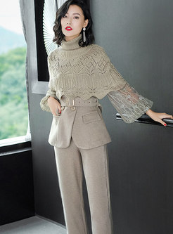 Stylish Lace Splicing Top With Cloak & Straight Pants