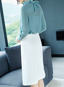 Fashion Brief Long Sleeve Top & White High Waist Skirt