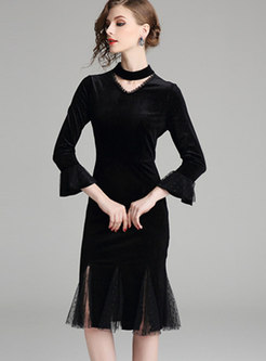 Black Elegant Flare Sleeve Wrap Sheath Dress