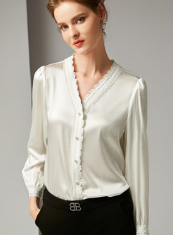 V-neck Long Sleeve Button-down Silk Blouse