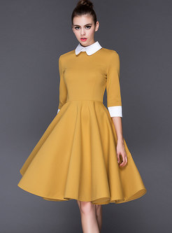 Yellow Contrast-collar Three Quarters Sleeve Dress