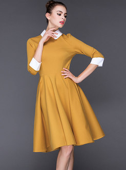 Yellow Contrast-collar Three Quarters Sleeve Dress
