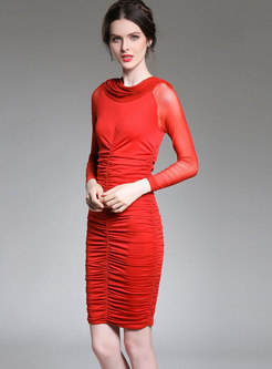 Red Mesh Perspective Long Sleeve Wrap Bodycon Dress