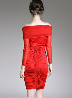 Red Mesh Perspective Long Sleeve Wrap Bodycon Dress