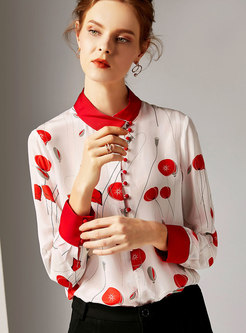 Trendy Stand Collar Print Silk Pullover Blouse