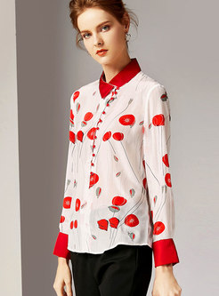 Trendy Stand Collar Print Silk Pullover Blouse