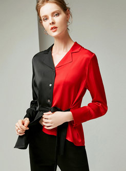 Chic Color-blocked Belted Silk Splicing Blouse