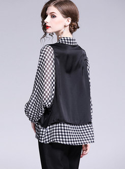 Grid Splicing Lapel Hollow Out Lantern Sleeve Loose Blouse