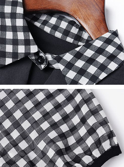 Grid Splicing Lapel Hollow Out Lantern Sleeve Loose Blouse
