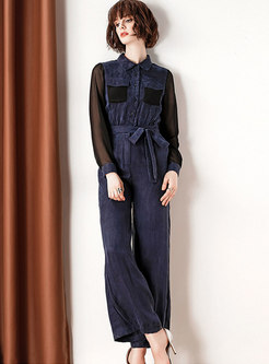 Fashion Mesh Splicing Lapel Belted Jumpsuit