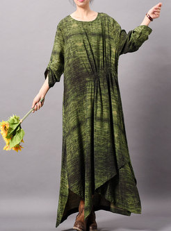 Stylish Print O-neck Long Sleeve Asymmetric Maxi Dress