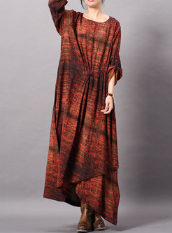 Print O-neck Long Sleeve Asymmetric Maxi Dress