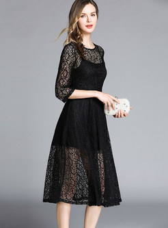 Sexy Perspective O-neck Three Quarters Sleeve Lace Dress