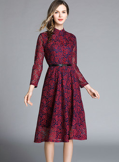 Fashion Standing Collar Long Sleeve Hollow Out Lace Dress