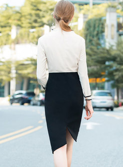 Elegant Color-blocked Tie-collar Asymmetric Sheath Dress