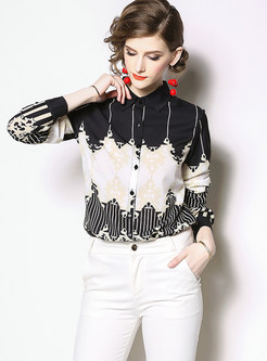 Color-blocked Lapel Single-breasted Print Blouse