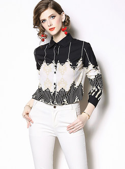 Color-blocked Lapel Single-breasted Print Blouse