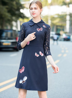 Lace Splicing Lapel Embroidered High Waist Slim Skater Dress